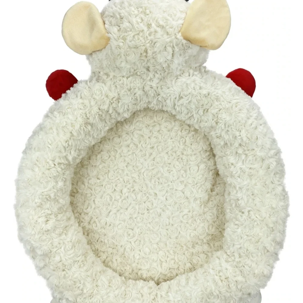 Plush Lamb Dog Bed - Cream and Red